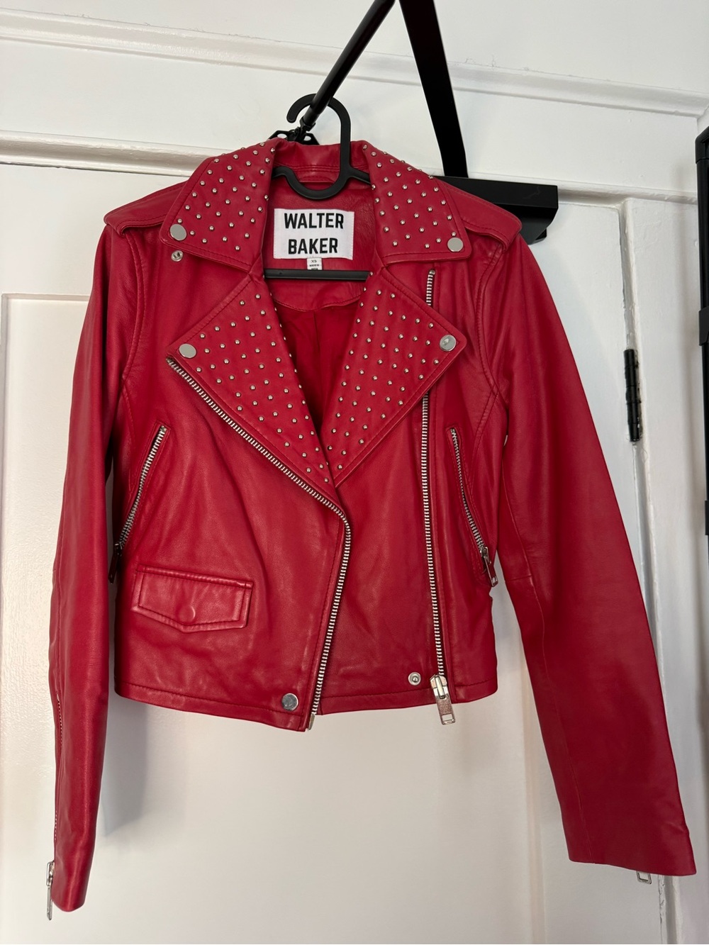 Walter Baker Red Studded Leather Moto Jacket
